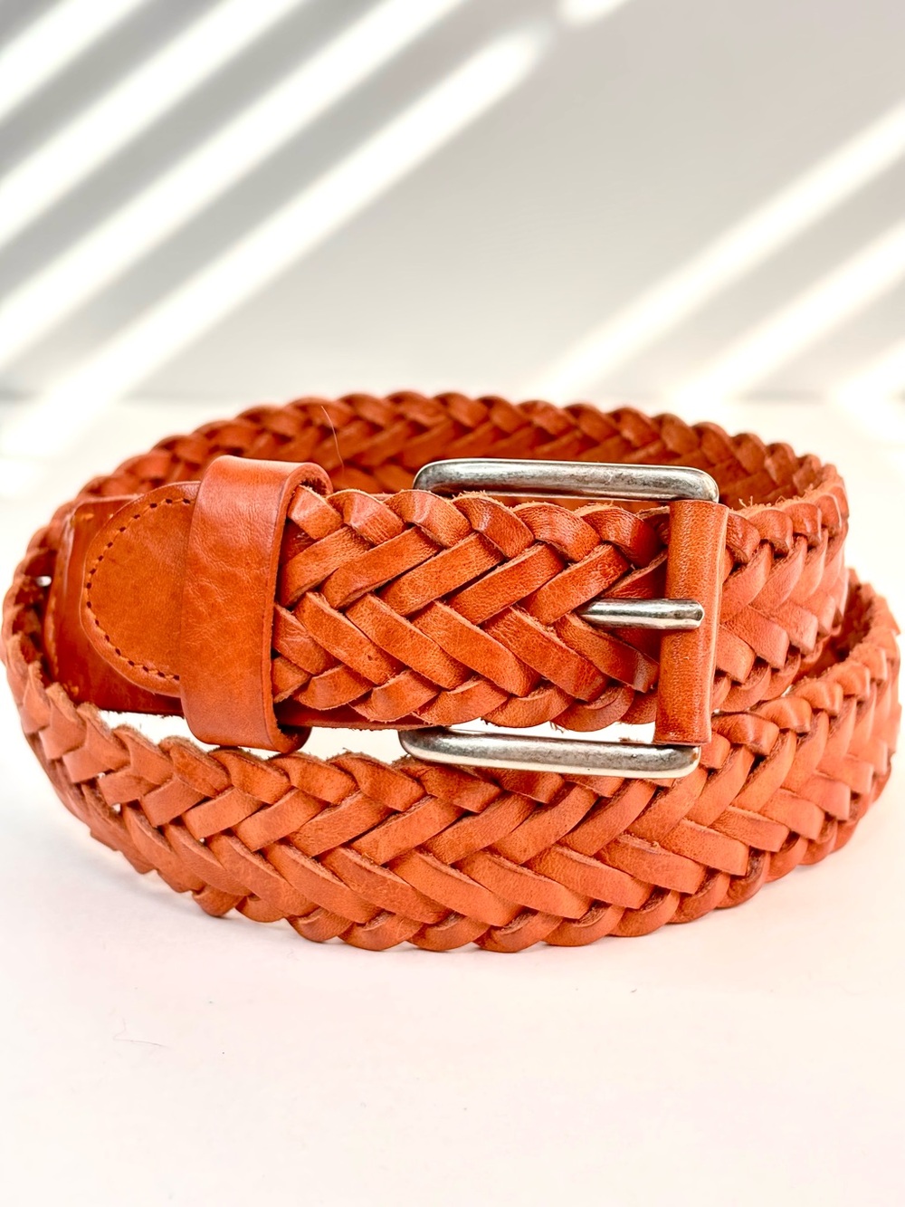 WILL Leather Goods‎ Woven Boho Braided Belt Pumpkin Spice Orange Silver Buckle